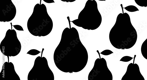 Seamless pattern of black pear silhouettes on a fruit food design elements Flat design vector illustration white background.