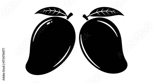 Two ripe mango fruits silhouette with leaves symbolizing tropical freshness and abundance Flat design vector illustration white background.