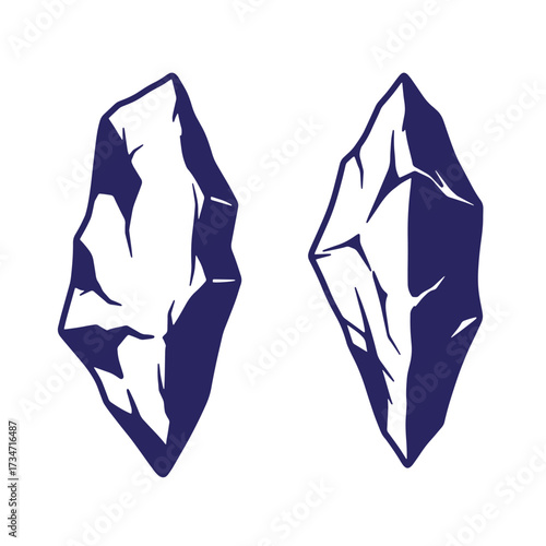 Stylized vector illustration of two dark blue crystalline stone or crystal shapes