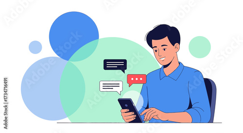 Man using smartphone for communication and chat with message bubbles, surrounded by abstract