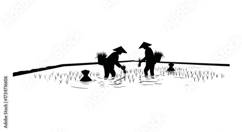 Silhouettes of farmers tilling fields in traditional asian hat scenes of rural agricultural labor Flat design vector illustration white background.