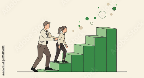 Mentorship and career growth illustration featuring a man helping a woman climb steps to success