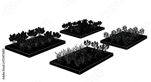 Four miniature diorama scenes with trees and grass realistic terrain models Flat design vector illustration white background.