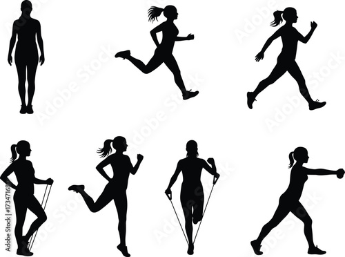 Silhouette women doing running, resistance band training, fitness stretching, strength exercises, and aerobic workout poses for health and wellness.