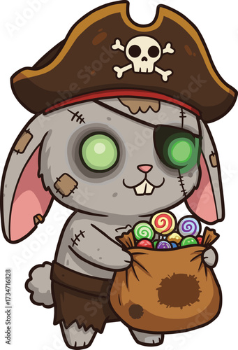 Adorable zombie pirate bunny holding a sack of colorful Halloween candies, spooky cute cartoon vector illustration for decorations