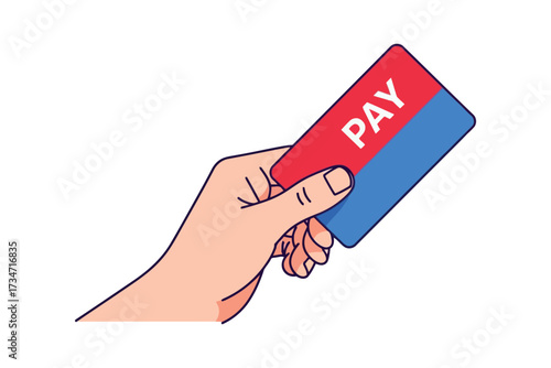 Vector art of hand holding credit card with the word pay, showcasing payment methods and financial transactions, perfect for ecommerce and banking