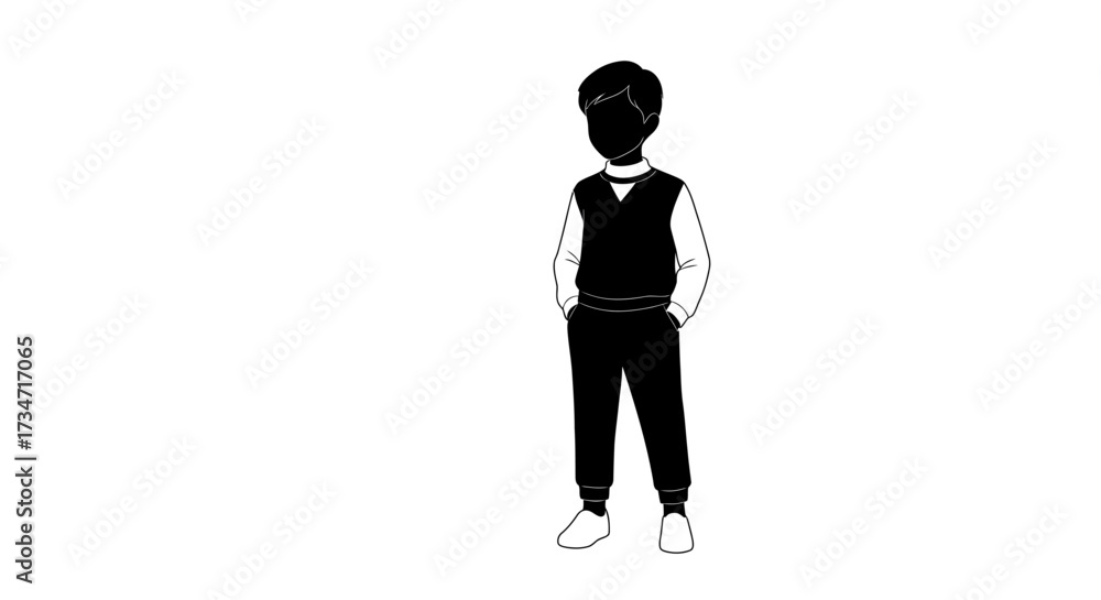 Fototapeta premium Silhouette of a young boy standing casually wearing a vest and pants Flat design vector illustration white background.