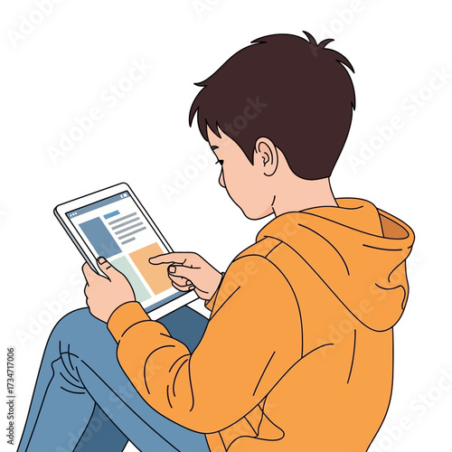Illustration of a young boy in an orange hoodie sitting down while using a digital tablet computer.