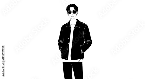Modern man stylish black jacket casual outfit fashion person silhouette art Flat design vector illustration white background.