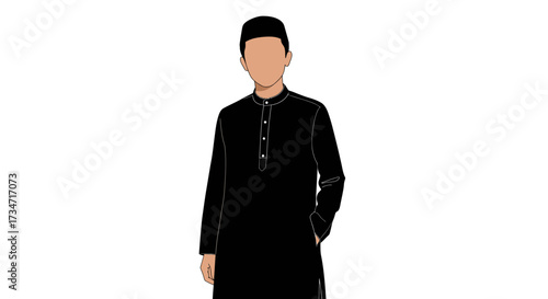 Young man wearing a black thobe and kufi for religious and cultural events Flat design vector illustration white background.