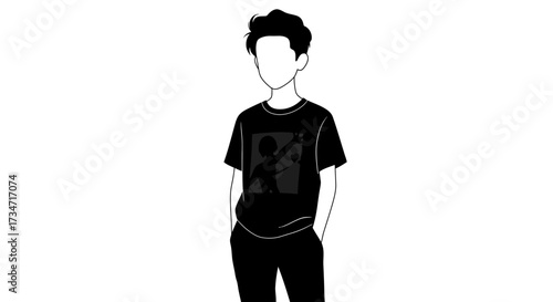 Stylized black and white sketch of a young person in a t-shirt and pants Flat design vector illustration white background.