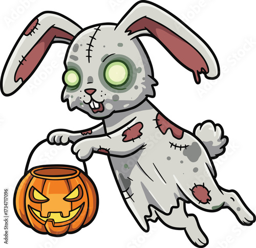 Creepy zombie bunny wearing tattered costume holding Halloween pumpkin jack o lantern bucket with glowing green eyes
