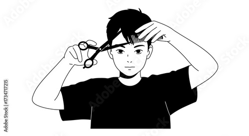 Young person cutting bangs with scissors self-care hair trim at home diy hairstyle Flat design vector illustration white background.