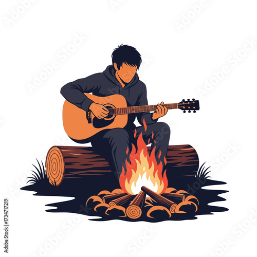 A person playing acoustic guitar while sitting on a log in front of a campfire.
