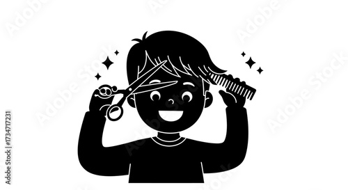 Happy child getting a haircut with scissors and comb stylized art Flat design vector illustration white background.