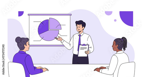 Professional Business Presentation with Team Discussing Pie Chart Analytics and Statistics