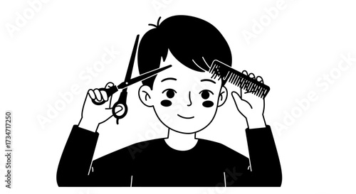 Young person giving themselves a haircut with scissors and comb cartoon art Flat design vector illustration white background.