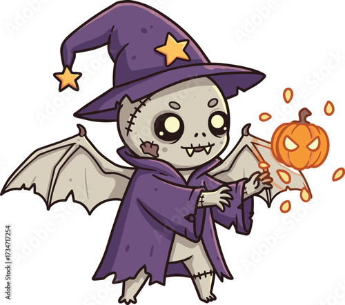 Cute spooky bat wizard in purple costume casting magic spell with glowing pumpkin for Halloween illustration