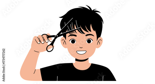 Young person with black hair using scissors to trim bangs self haircut fun Flat design vector illustration white background.