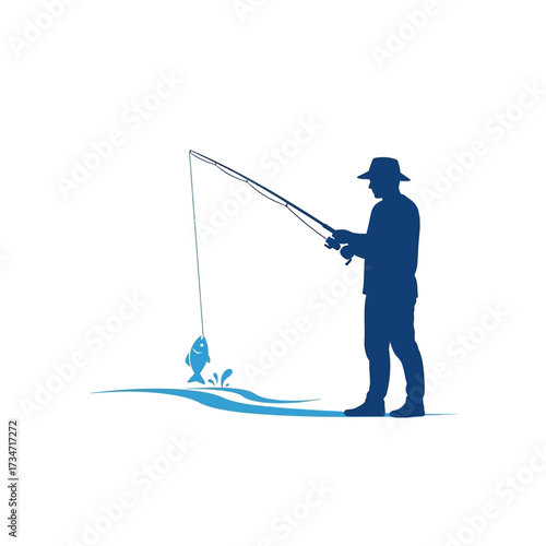 A blue silhouette of a man fishing with a rod, catching a fish that splashes out of the water, on a white background.