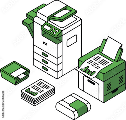 Isometric Office Printers and Documents – Vector for Business Workflow, Data Management, and Productivity isolated On Transparent Background
