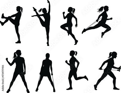 Silhouette women performing running, stretching, fitness workout, resistance band training, and aerobic exercise poses for healthy lifestyle and wellness.