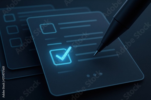 Digital checklist with glowing blue check mark being selected by pen representing approval, validation and business confirmation
