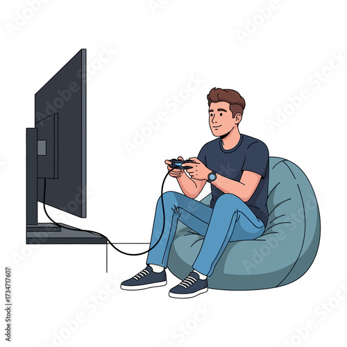 Young man sitting on a bean bag chair playing video games on a large TV screen.