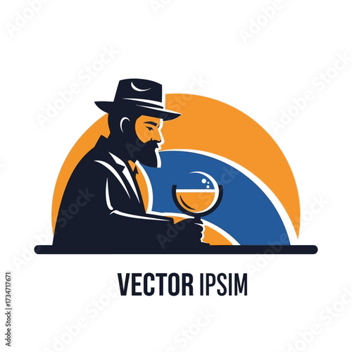 Stylized illustration of a bearded man in a fedora hat holding a wine glass, set against a two-tone semi-circular background resembling a sunset.