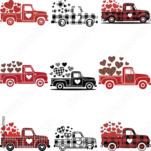 VALENTINE'S DAY TRUCK Svg Bundle, Buffalo Plaid Truck Svg, Cheetah Hearts