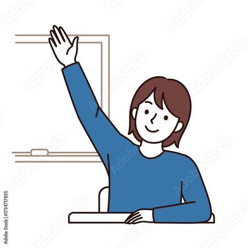 A smiling student raises their hand in a classroom setting, ready to answer a question.