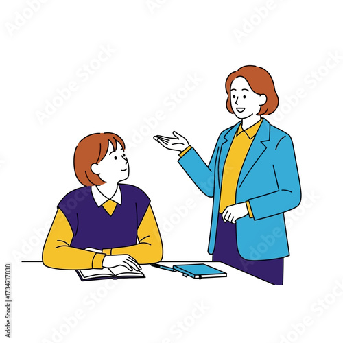 A teacher explaining something to a student, both sitting at a desk, learning together.