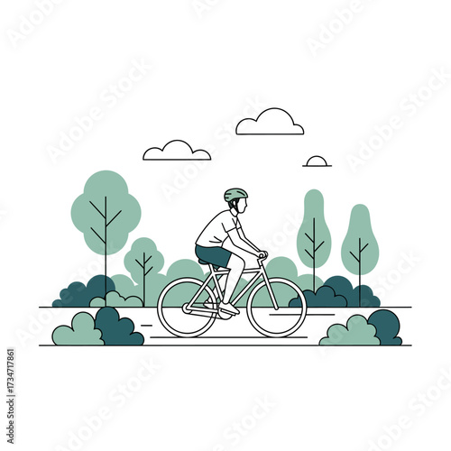A person wearing a helmet rides a bicycle through a park with trees and bushes.