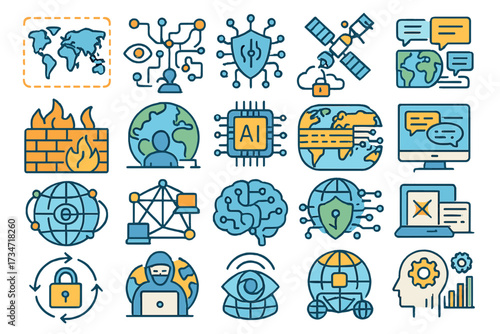 Global Politics and Diplomacy Icons Set — International Relations, World Peace, Law, Economy, and Communication