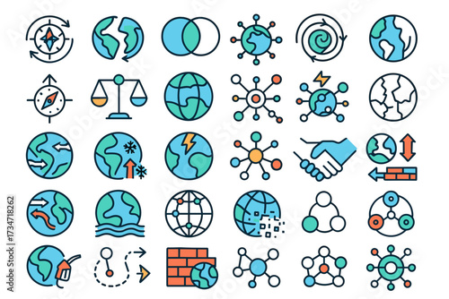Global Politics and Diplomacy Icons Set — International Relations, World Peace, Law, Economy, and Communication