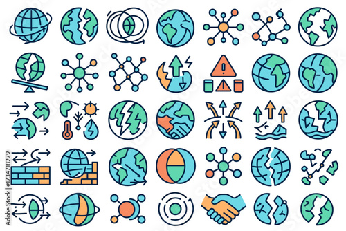 Global Politics and Diplomacy Icons Set — International Relations, World Peace, Law, Economy, and Communication