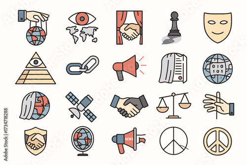 Hidden Powers and Conspiracy Theory Icons Setю.Colored linear icon set representing hidden powers, conspiracy theories, and global control concepts.