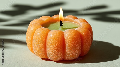   A pumpkin-shaped candle holder sits atop a table, featuring a close-up of a candle within its hollowed out body