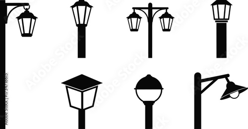Vintage street light pole vector silhouettes with classic lantern designs, retro outdoor lamp posts, decorative city lighting, and traditional illumination.