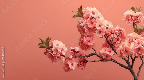   A blooming tree's branch with pink blossoms against a pink backdrop