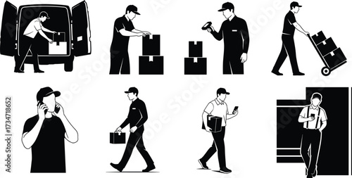 Delivery worker illustration, unloading van, scanning package, pushing hand truck, carrying box, mobile phone communication, logistics service, shipping, courier, distribution