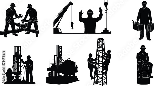 Oil rig workers silhouettes, drilling rig operation, crane signaling, toolbox carrying, derrick climbing, teamwork, maintenance, inspection, offshore petroleum industry illustration