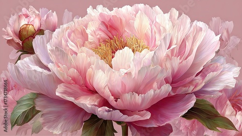   Close-up of a pink flower against a pink backdrop, with a lush green foliage in the foreground