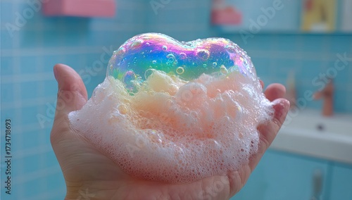 Hand holding colorful soap suds in heart shape