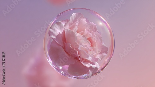   Pink flower in bubble on pink-purple background with circular bubble shapes