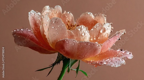   A high-quality image of a pink flower with droplets of water on its petals against a light brown backdrop