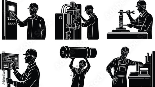Industrial silhouettes, factory workers, machinery operation, control panel monitoring, engineering 