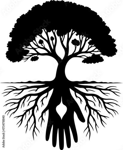 Black Silhouette of a Conceptual Tree of Life with Human Hands forming the Root System