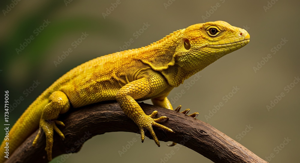 Naklejka premium Golden lizard perched on a branch close up with detailed textures