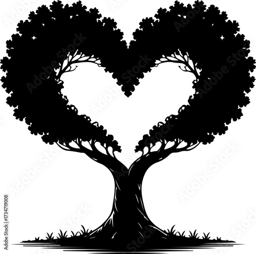 Heart-shaped tree silhouette illustration symbolizing eternal love, growth, and the enduring power of nature's affectionate embrace